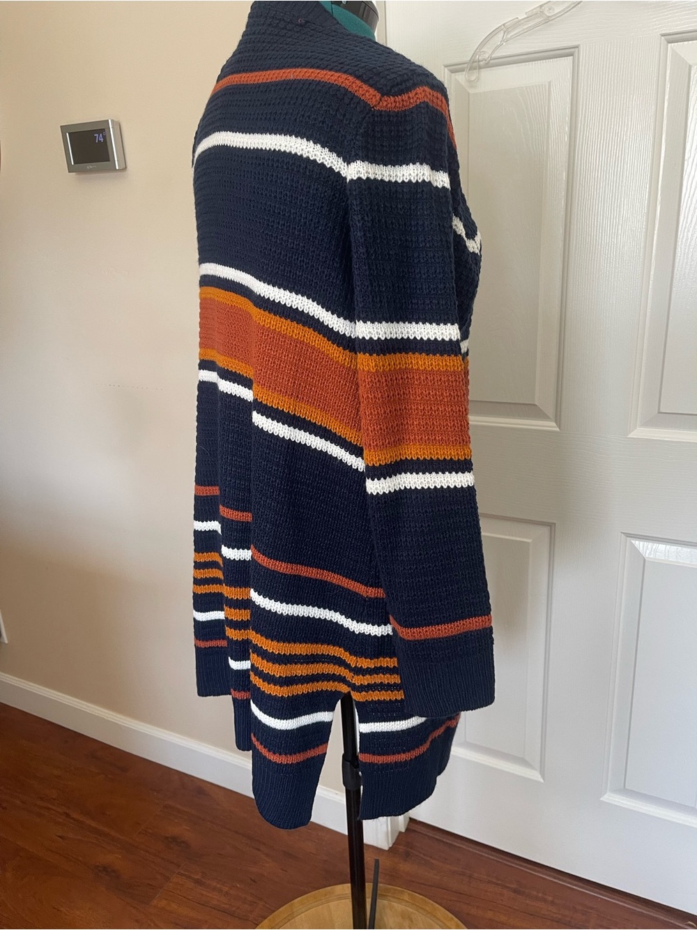 Macy's Navy Open-Front Striped Cardigan with Rust & Cream - Picture 9 of 14